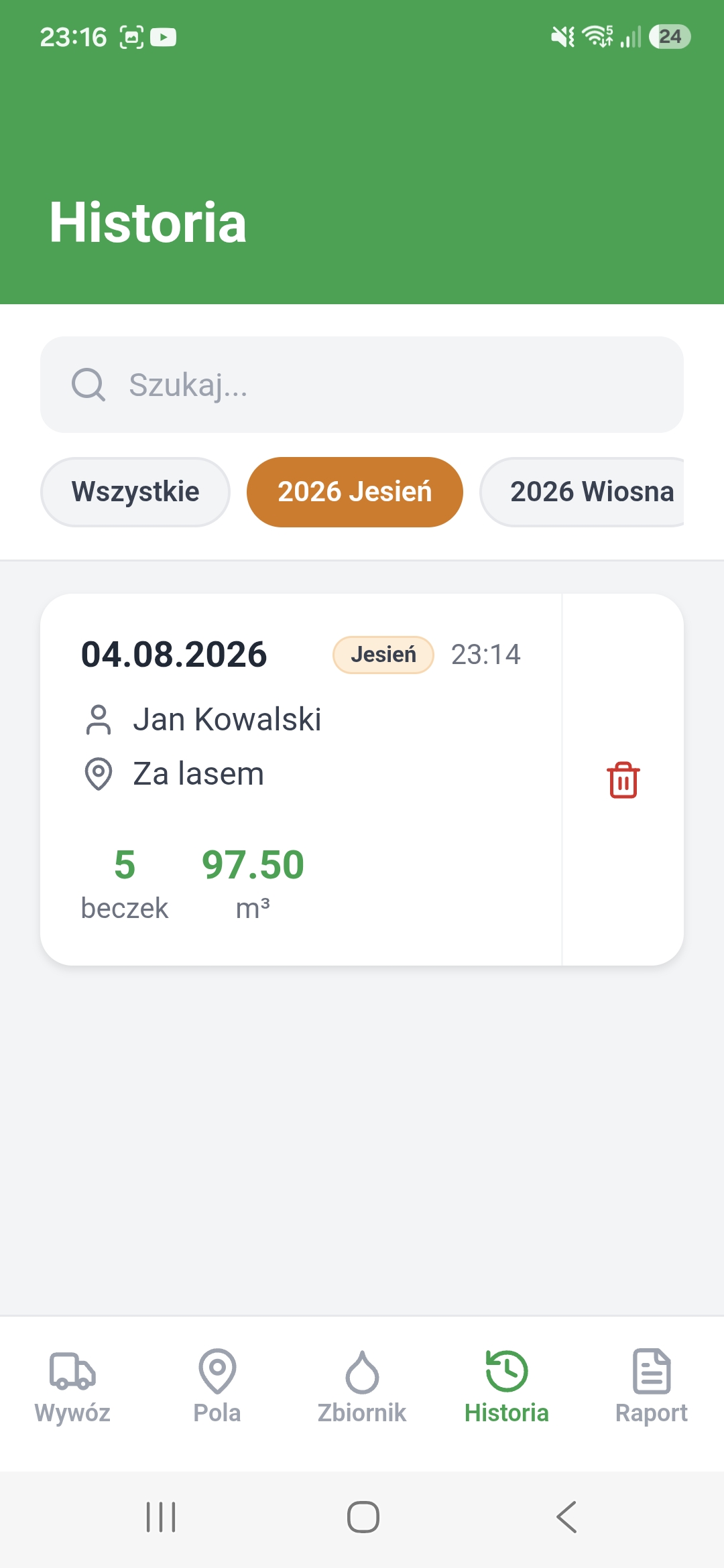 Ekran historii wywozów z wyszukiwarką i filtrami sezonów
