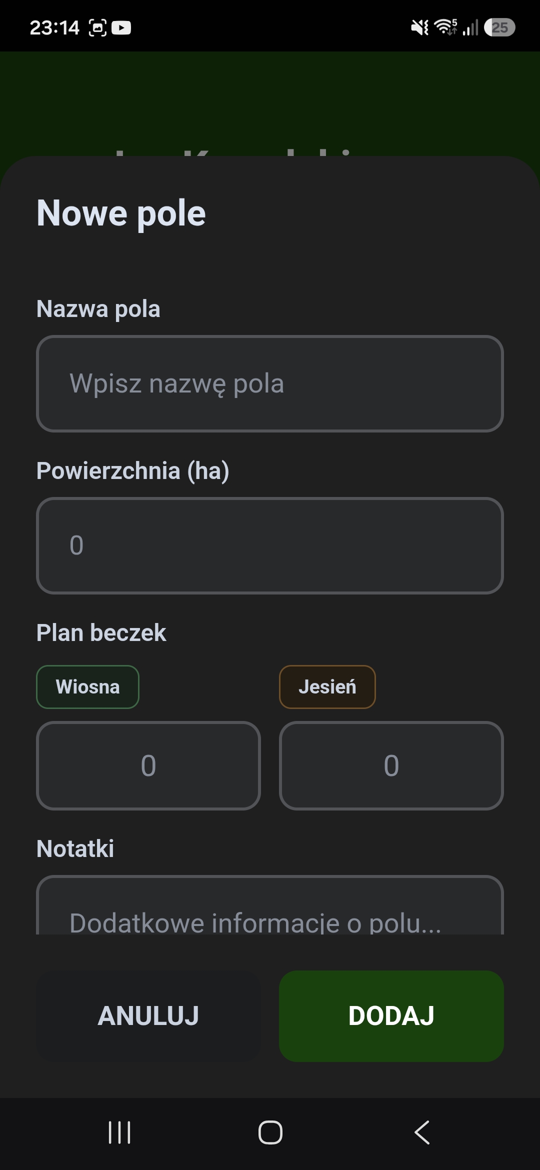 Ekran dodawania nowego pola z planem beczek
