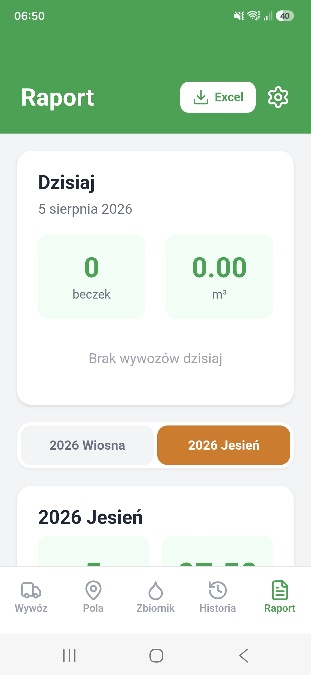 Ekran raportu z zapotrzebowaniem, przychodem i kopią zapasową