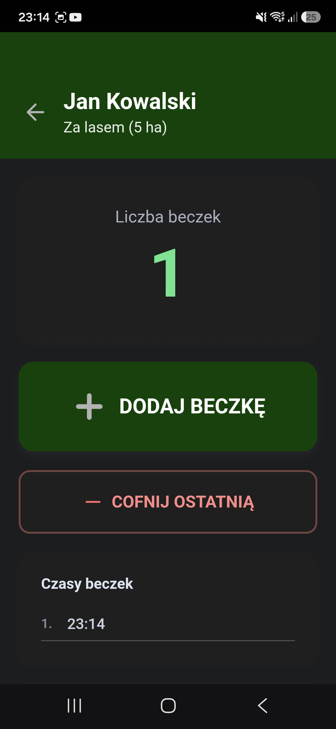 Ekran dodawania beczki w aplikacji Manager Gnojowicy
